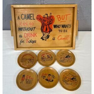 Vintage 1950s Wooden Bar Tray & Coaster Set Kitschy Humorous Serving Tray